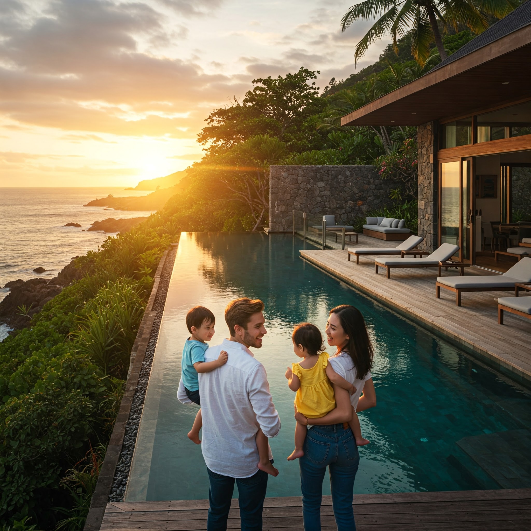 Happy Budgie family enjoying a vacation at a beautiful beach house